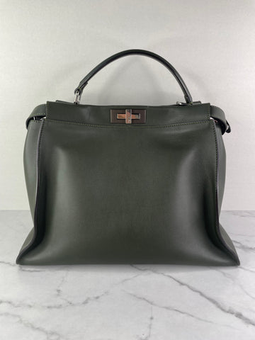 Fendi Verde Prato (Dark Green) Vitello Seta Shiny Nappa Large Peekaboo Iconic Satchel