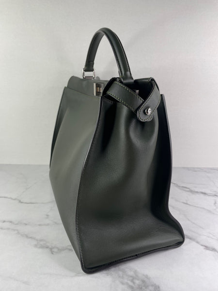 Fendi Verde Prato (Dark Green) Vitello Seta Shiny Nappa Large Peekaboo Iconic Satchel