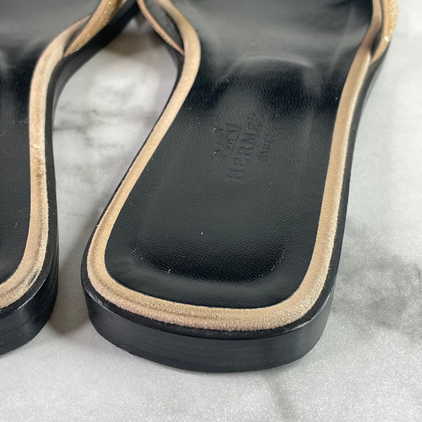Hermes Beige/Pink Suede Goatskin Crystal Powder Oran Sandals Size 36