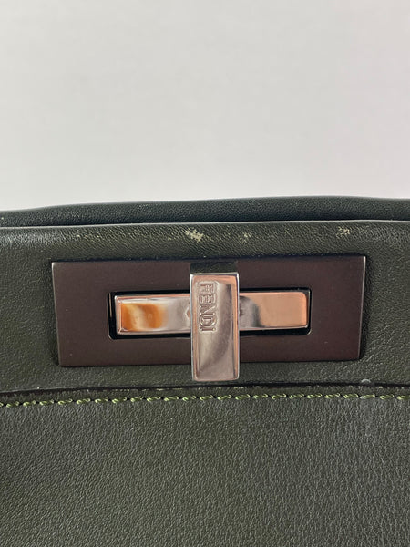 Fendi Verde Prato (Dark Green) Vitello Seta Shiny Nappa Large Peekaboo Iconic Satchel