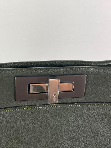 Fendi Verde Prato (Dark Green) Vitello Seta Shiny Nappa Large Peekaboo Iconic Satchel