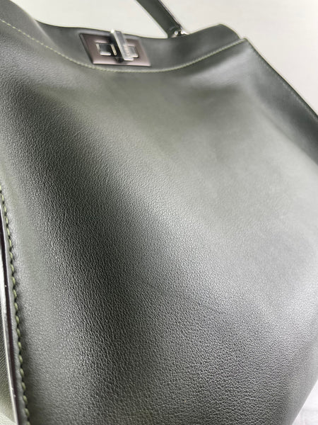 Fendi Verde Prato (Dark Green) Vitello Seta Shiny Nappa Large Peekaboo Iconic Satchel