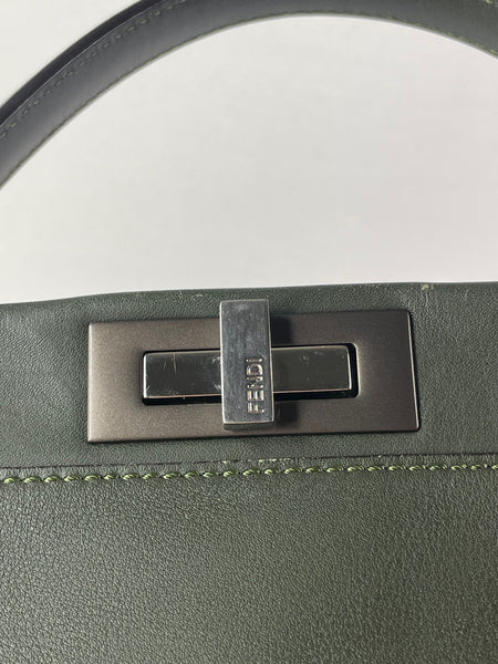 Fendi Verde Prato (Dark Green) Vitello Seta Shiny Nappa Large Peekaboo Iconic Satchel