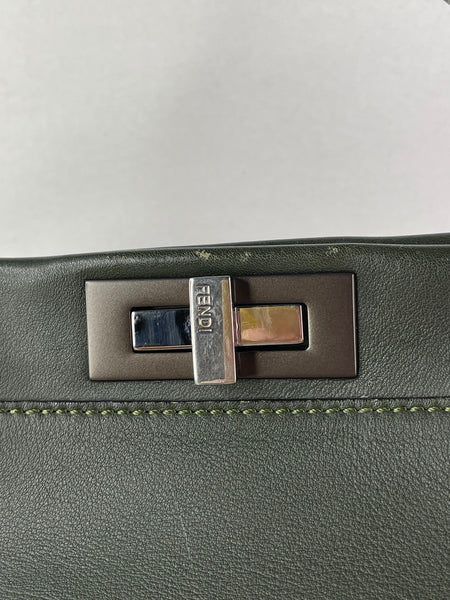Fendi Verde Prato (Dark Green) Vitello Seta Shiny Nappa Large Peekaboo Iconic Satchel
