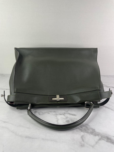 Fendi Verde Prato (Dark Green) Vitello Seta Shiny Nappa Large Peekaboo Iconic Satchel