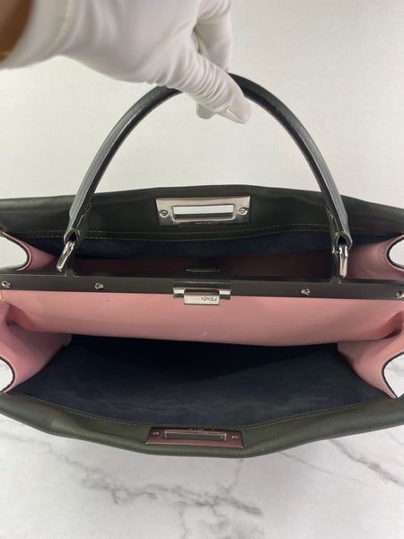 Fendi Verde Prato (Dark Green) Vitello Seta Shiny Nappa Large Peekaboo Iconic Satchel