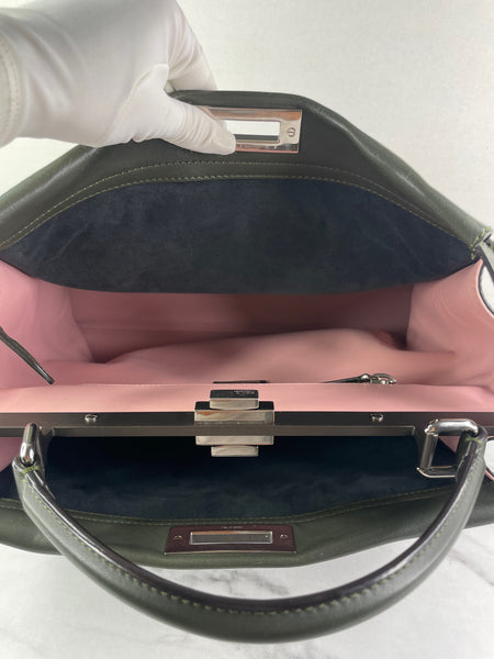 Fendi Verde Prato (Dark Green) Vitello Seta Shiny Nappa Large Peekaboo Iconic Satchel
