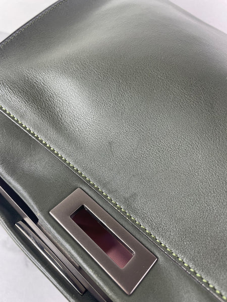 Fendi Verde Prato (Dark Green) Vitello Seta Shiny Nappa Large Peekaboo Iconic Satchel