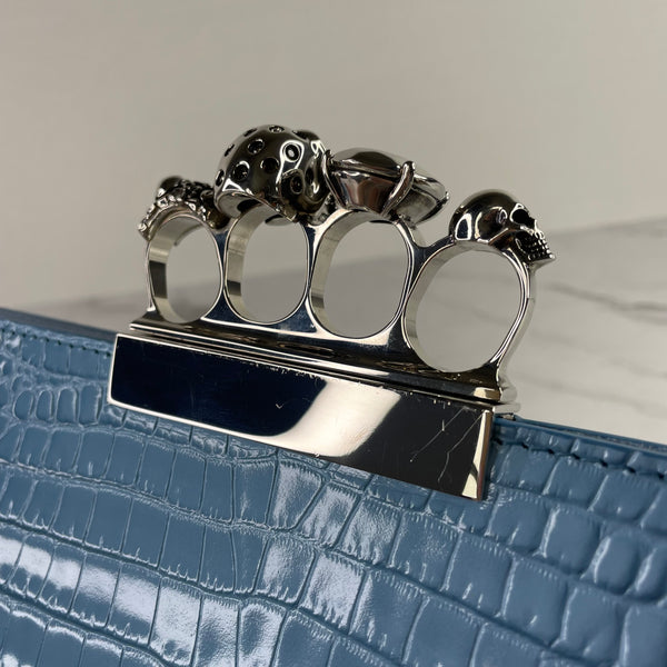 ALEXANDER MCQUEEN Blue Skull Four-Ring Croc-Embossed Leather Clutch