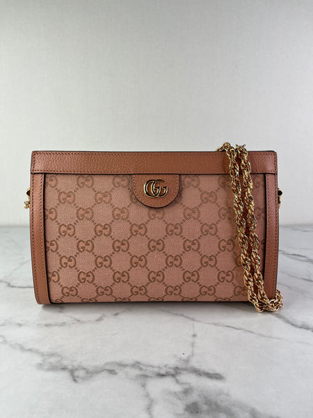GUCCI Cloche Rose Pink Monogram Textured Dollar Calfskin Small Ophidia Chain Shoulder/Crossbody Bag
