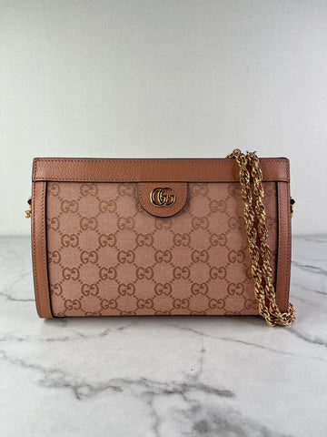 GUCCI Cloche Rose Pink Monogram Textured Dollar Calfskin Small Ophidia Chain Shoulder/Crossbody Bag