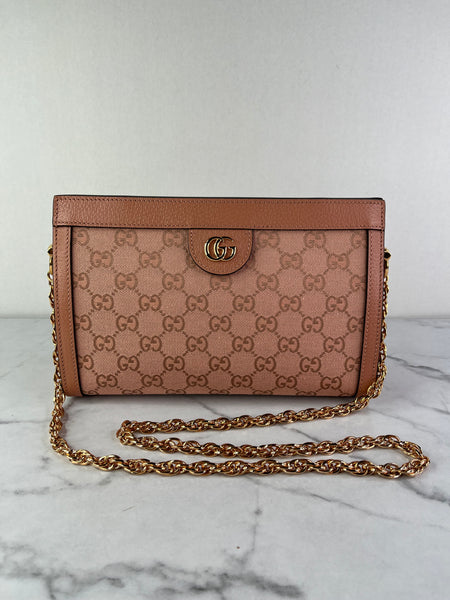 GUCCI Cloche Rose Pink Monogram Textured Dollar Calfskin Small Ophidia Chain Shoulder/Crossbody Bag