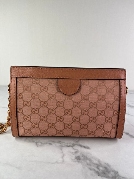 GUCCI Cloche Rose Pink Monogram Textured Dollar Calfskin Small Ophidia Chain Shoulder/Crossbody Bag
