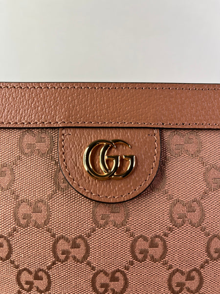 GUCCI Cloche Rose Pink Monogram Textured Dollar Calfskin Small Ophidia Chain Shoulder/Crossbody Bag