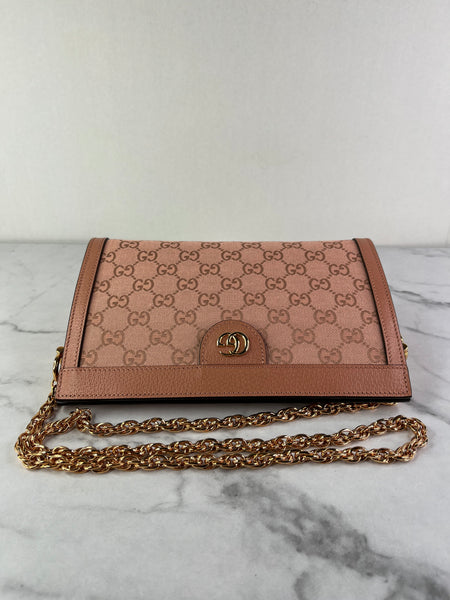 GUCCI Cloche Rose Pink Monogram Textured Dollar Calfskin Small Ophidia Chain Shoulder/Crossbody Bag