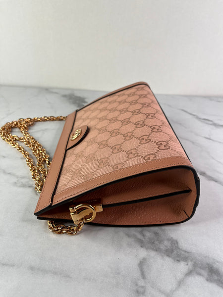 GUCCI Cloche Rose Pink Monogram Textured Dollar Calfskin Small Ophidia Chain Shoulder/Crossbody Bag