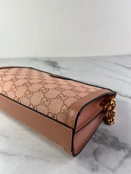 GUCCI Cloche Rose Pink Monogram Textured Dollar Calfskin Small Ophidia Chain Shoulder/Crossbody Bag