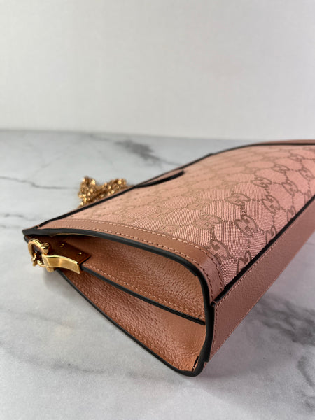 GUCCI Cloche Rose Pink Monogram Textured Dollar Calfskin Small Ophidia Chain Shoulder/Crossbody Bag