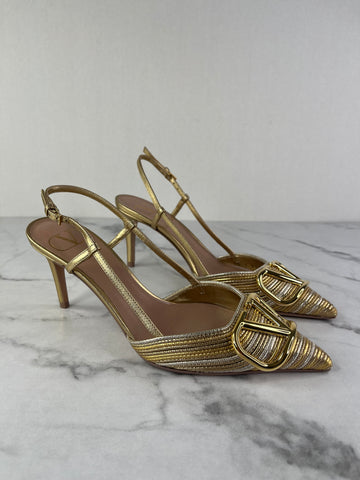 VALENTINO Vlogo Signature Gold Metallic Slingback Pumps With Cornely Embroidery Size 35.5