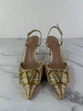 VALENTINO Vlogo Signature Gold Metallic Slingback Pumps With Cornely Embroidery Size 35.5