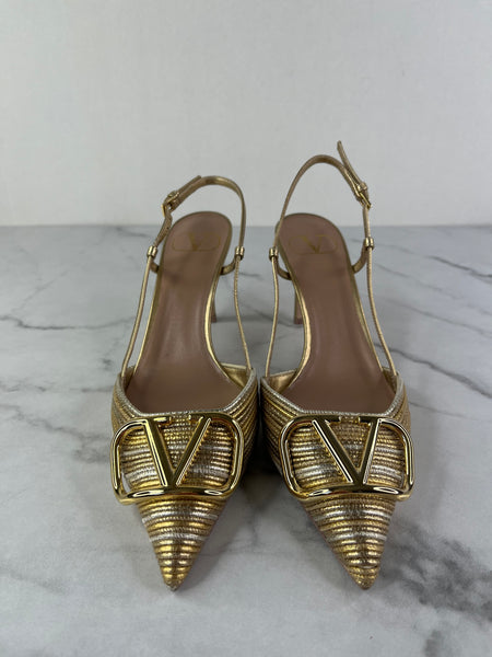 VALENTINO Vlogo Signature Gold Metallic Slingback Pumps With Cornely Embroidery Size 35.5