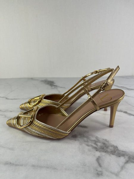 VALENTINO Vlogo Signature Gold Metallic Slingback Pumps With Cornely Embroidery Size 35.5