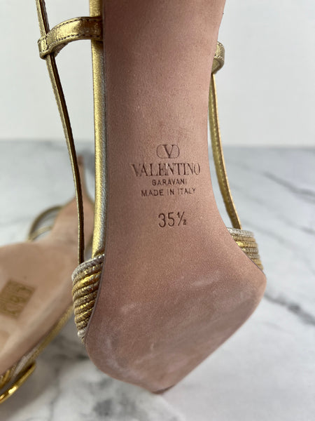 VALENTINO Vlogo Signature Gold Metallic Slingback Pumps With Cornely Embroidery Size 35.5
