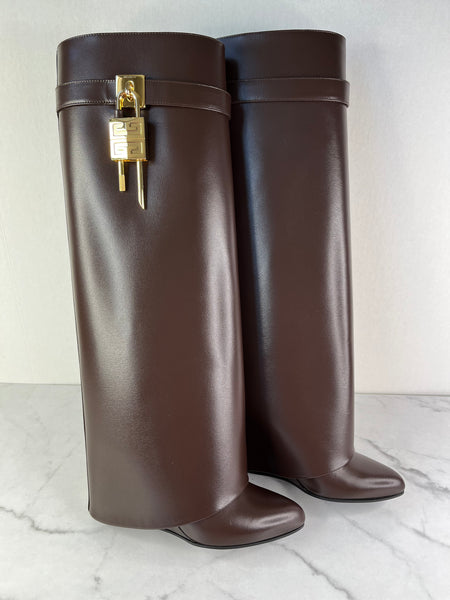 GIVENCHY Ebony Brown Shark Lock Tall Boots Size 36