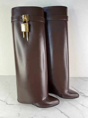 GIVENCHY Ebony Brown Shark Lock Tall Boots Size 36