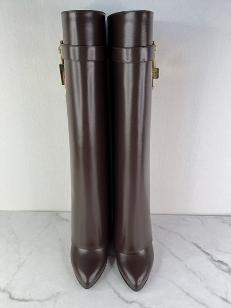 GIVENCHY Ebony Brown Shark Lock Tall Boots Size 36