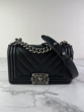 CHANEL Black Caviar Chevron Quilted Small Boy Flap Crossbody/Shoulder Bag