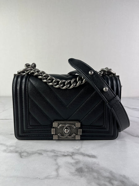 CHANEL Black Caviar Chevron Quilted Small Boy Flap Crossbody/Shoulder Bag