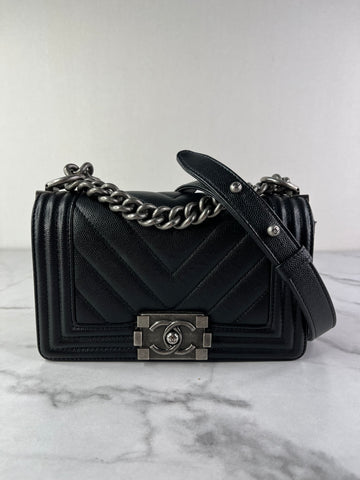 CHANEL Black Caviar Chevron Quilted Small Boy Flap Crossbody/Shoulder Bag