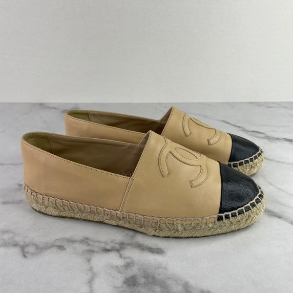 CHANEL Beige Black Lambskin Espadrilles Size 36