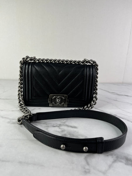 CHANEL Black Caviar Chevron Quilted Small Boy Flap Crossbody/Shoulder Bag