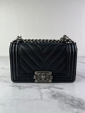 CHANEL Black Caviar Chevron Quilted Small Boy Flap Crossbody/Shoulder Bag