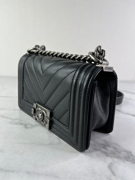 CHANEL Black Caviar Chevron Quilted Small Boy Flap Crossbody/Shoulder Bag