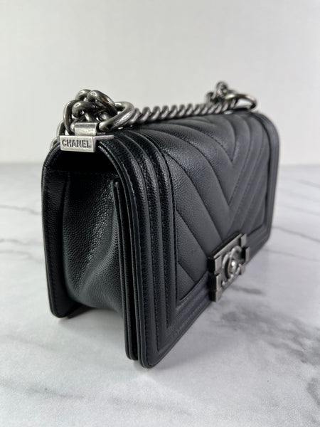 CHANEL Black Caviar Chevron Quilted Small Boy Flap Crossbody/Shoulder Bag