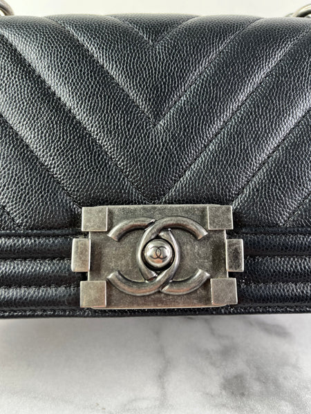CHANEL Black Caviar Chevron Quilted Small Boy Flap Crossbody/Shoulder Bag