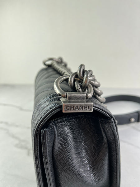 CHANEL Black Caviar Chevron Quilted Small Boy Flap Crossbody/Shoulder Bag