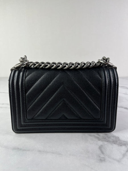 CHANEL Black Caviar Chevron Quilted Small Boy Flap Crossbody/Shoulder Bag