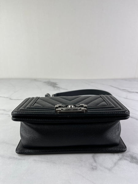 CHANEL Black Caviar Chevron Quilted Small Boy Flap Crossbody/Shoulder Bag