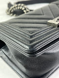 CHANEL Black Caviar Chevron Quilted Small Boy Flap Crossbody/Shoulder Bag
