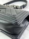CHANEL Black Caviar Chevron Quilted Small Boy Flap Crossbody/Shoulder Bag