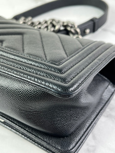CHANEL Black Caviar Chevron Quilted Small Boy Flap Crossbody/Shoulder Bag