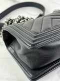 CHANEL Black Caviar Chevron Quilted Small Boy Flap Crossbody/Shoulder Bag