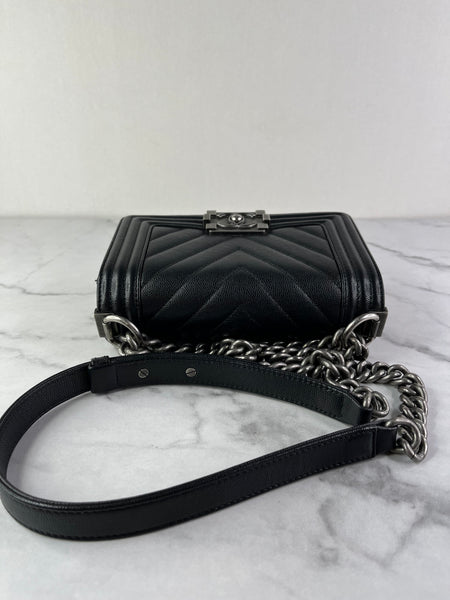 CHANEL Black Caviar Chevron Quilted Small Boy Flap Crossbody/Shoulder Bag