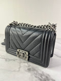 CHANEL Black Caviar Chevron Quilted Small Boy Flap Crossbody/Shoulder Bag