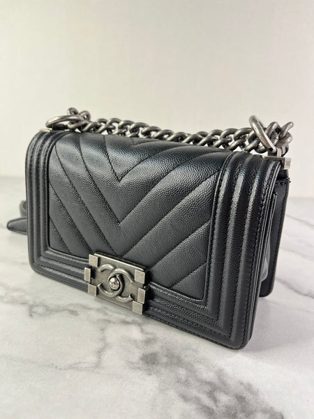 CHANEL Black Caviar Chevron Quilted Small Boy Flap Crossbody/Shoulder Bag