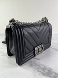 CHANEL Black Caviar Chevron Quilted Small Boy Flap Crossbody/Shoulder Bag